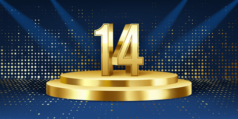 14th Year anniversary celebration background. Golden 3D numbers on a golden round podium, with lights in background.

