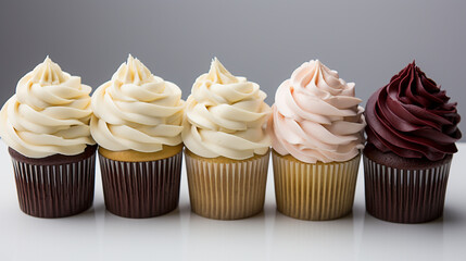 A line of cupcakes of differents flavors with cream and sprinkles