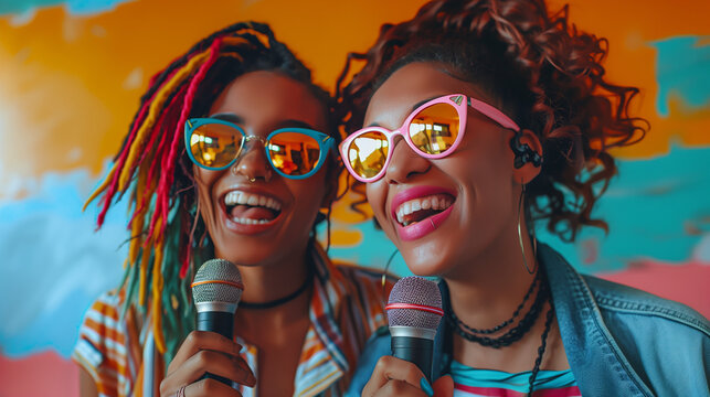 Women Female Friends Sing And Dance At Home Portrait