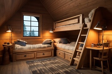 Wooden Drawer & Classic Lamp Designs: Delightful Rustic Cabin Kids Room Ideas