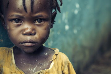 Poor child of Africa, copy space of an orphaned African girl devastated by war and hunger, sadness and hunger of a little homeless girl - obrazy, fototapety, plakaty
