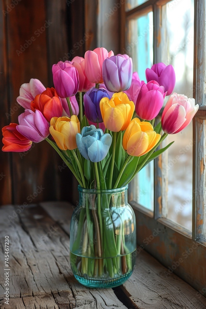 Poster A beautiful vase overflows with an assortment of vibrant and fragrant flowers in an explosion of colors, creating a visually stunning and cheerful display