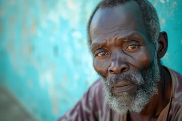 African homeless man, portrait of third world poverty, copy space of hunger and sadness in Africa - obrazy, fototapety, plakaty