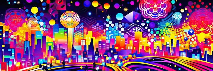 A vibrant cityscape comes to life as colorful lights illuminate the night sky, creating a dazzling display of urban beauty