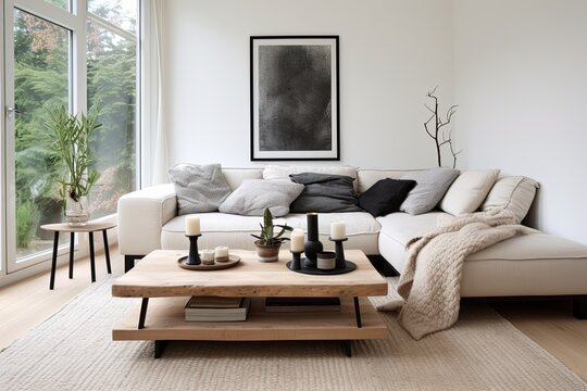Scandinavian Eco-Kitchen: Black Coffee Table, White Sofa, Recycled Decor Harmony