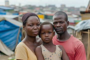 Poor African family, mother, father and son living in third world shantytowns with sad and hungry expression - obrazy, fototapety, plakaty