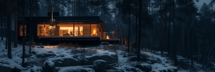 Modern forest cabin with warm interior lighting on a snowy evening.