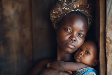 African mother and baby, copy space of a sad child in the arms of a starving woman, third world poverty - obrazy, fototapety, plakaty