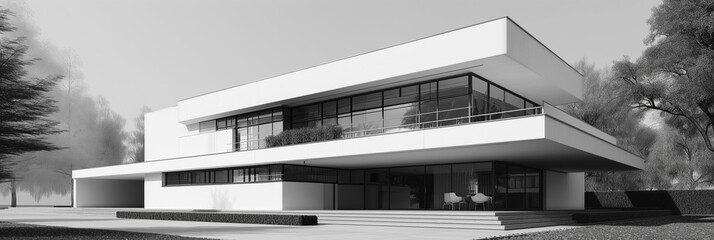 Striking black and white image of a sleek, contemporary house with a flat roof, expansive balconies, and large windows, set against a backdrop of trees in a misty environment.