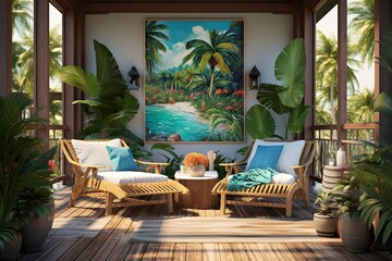 Tropical Resort-Inspired Patio Oasis: Island Art, Wooden Walkways, Coastal Scents