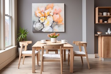 Upcycled Wood Coffee Table & White Chairs in Eco-Kitchen with Grey Wall & Modern Art