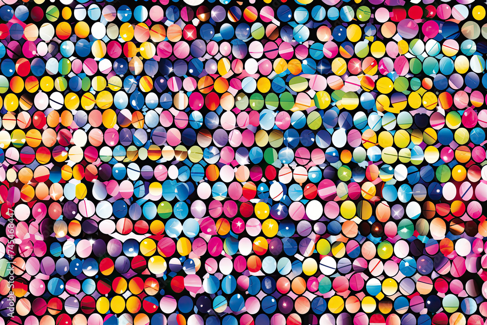 Poster A mesmerizing display of a large group of multicolored circles swirling on a black background, creating a vibrant and dynamic composition