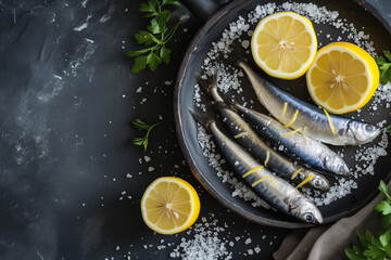 Fresh sardines with lemon and salt - obrazy, fototapety, plakaty