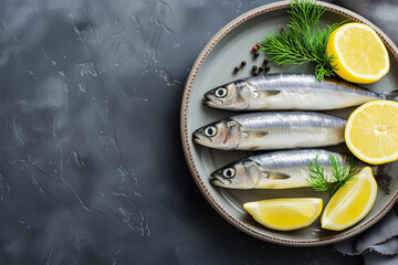Fresh sardines with lemon and salt - obrazy, fototapety, plakaty