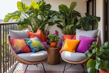 Urban Jungle Mediterranean Touch Balcony: Cushioned Armchairs & Colorful Pillows