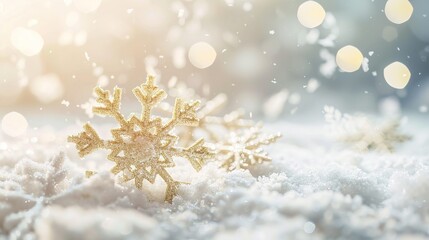 Obraz na płótnie Canvas Decorative snowflakes on white snow. Winter holidays background. Soft focus , generative ai