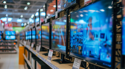 A lineup of compact LCD monitors rests on a shelf within the electronics section of a department store.