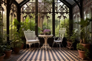 Victorian Greenhouse Patio: Ornate Ironwork, Lush Plants, Vintage Tiled Floor, Cozy Seating