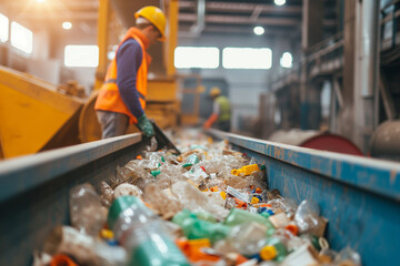 Worker sorts trash on conveyor belt at waste recycling plant. Ecology concept. 