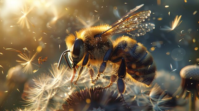 Honeybee collects nectar from a blooming dandelion flower , generative ai
