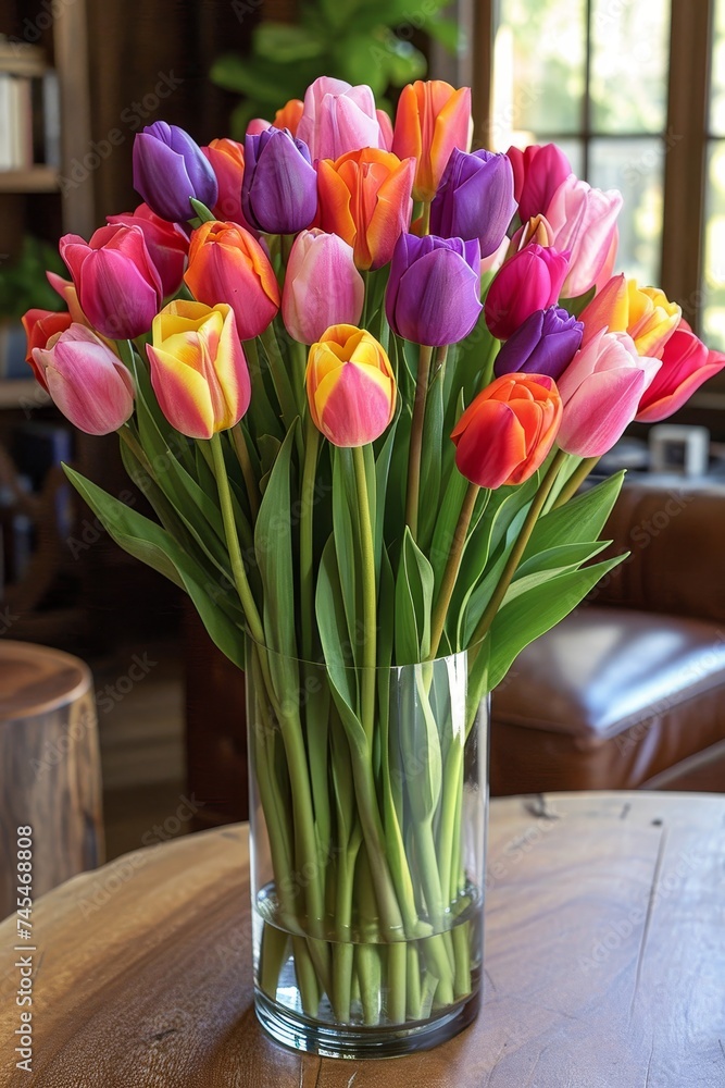 Poster a glass vase on a table holds a colorful display of tulips, their petals capturing sunlight and seem