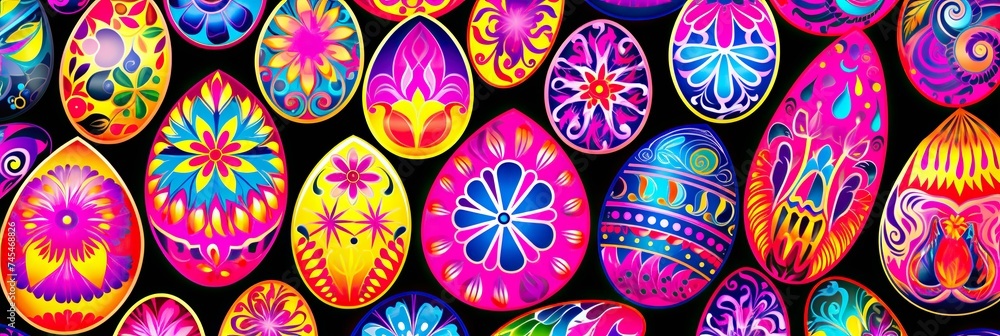 Poster a lively collection of large, colorful painted eggs gathered together in a vibrant display of artist