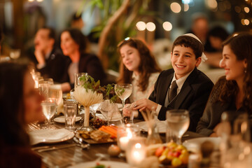 A Jewish family celebrates a Bar Mitzvah. Jews gather around the festive table to celebrate Hanukkah. a Jewish holiday, Jewish traditions