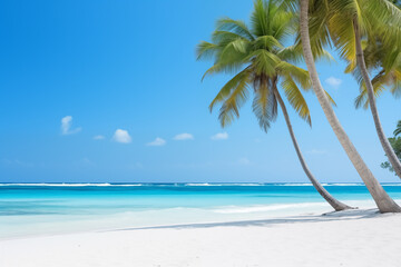 Obraz premium Palm trees standing tall on a sandy beach with the azure ocean in the background, under a bright blue sky with fluffy clouds on a tropical daytime natural landscape