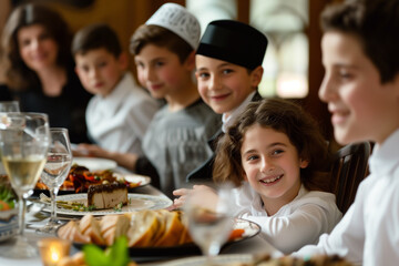 Fototapeta na wymiar A Jewish family celebrates a Bar Mitzvah. Jews gather around the festive table to celebrate Hanukkah. a Jewish holiday, Jewish traditions