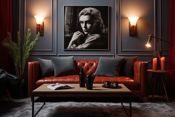 Vintage Film Noir Living Room Ideas: Leather Sofa, Framed Film Posters & Roomy Apartment Vibes