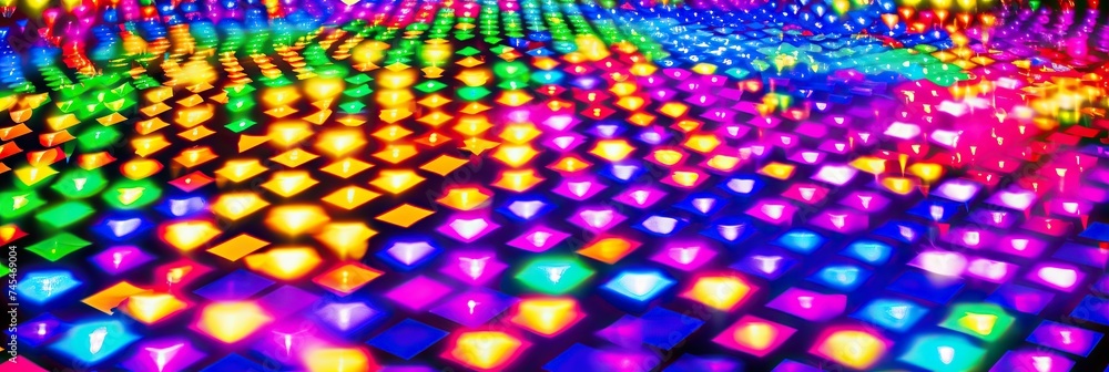 Poster A vibrant, multicolored room filled with numerous cubes scattered across the floor, creating a mesmerizing and abstract pattern
