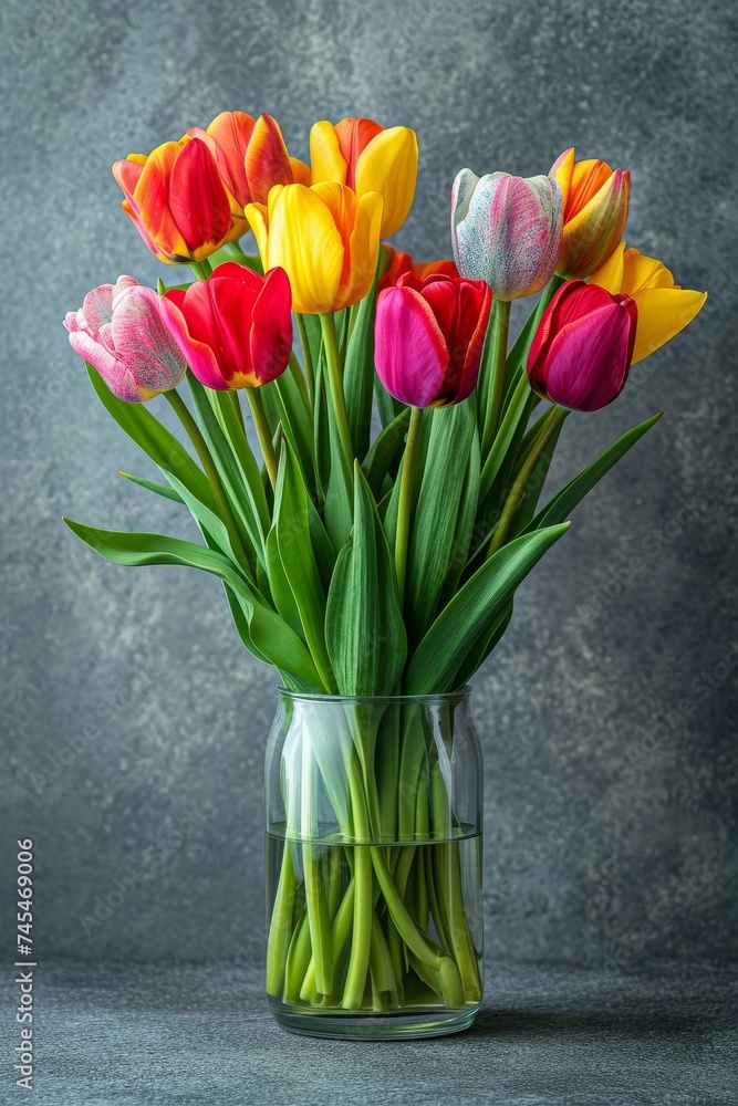 Aufkleber A vibrant assortment of tulips fills a vase, showcasing a dazzling array of colors and textures that brighten any space