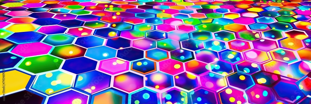 Poster colorful hexagons overlapping in a vibrant kaleidoscope pattern