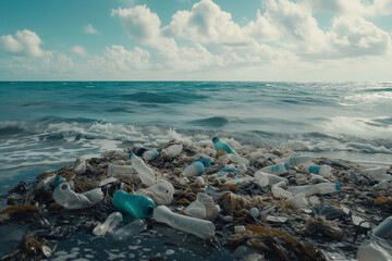 Fototapeta na wymiar Garbage in the ocean. Pollution of ocean. Plastic in ocean. Enviromental problem