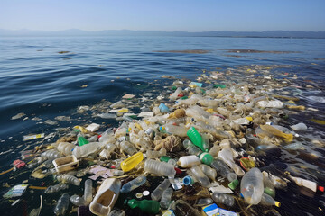 Garbage in the ocean. Pollution of ocean. Plastic in ocean. Enviromental problem