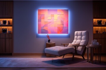 Voice-Controlled Tech Art: Ever-Changing Designs Amid Sleek Furniture & Ambient Lighting