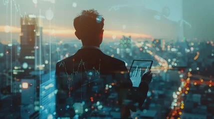  Double exposure of success businessman using digital tablet with financial graph on blurred city landscape background, Business Trading concept © chanidapa