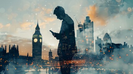 Double exposure of success businessman using smart phone,digital tablet docking keyboard with London building,omnichannel,