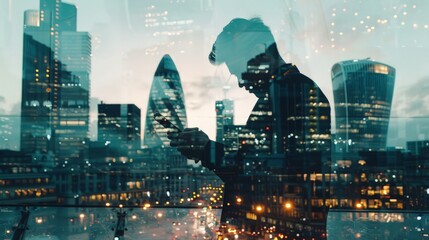 Double exposure of success businessman using smart phone,digital tablet docking keyboard with London building,omnichannel, - obrazy, fototapety, plakaty