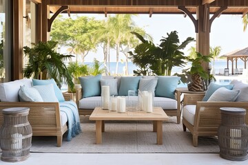 Fototapeta na wymiar Waterfront Elegance: Tropical Resort Patio with Aqua Accents and Driftwood Decor