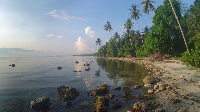 Amazing natural panoramic view Panorama of sandy tropical beach with silhouette of coconut palm trees in clear sea and wooden bridge view of Palm skyline and tropical beach, generative ai,