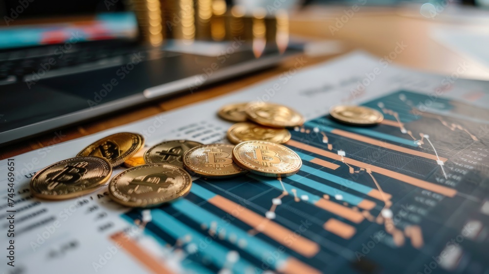 Poster stock markert or trading graph and coin and spreadsheet excel research financial accounting summary 
