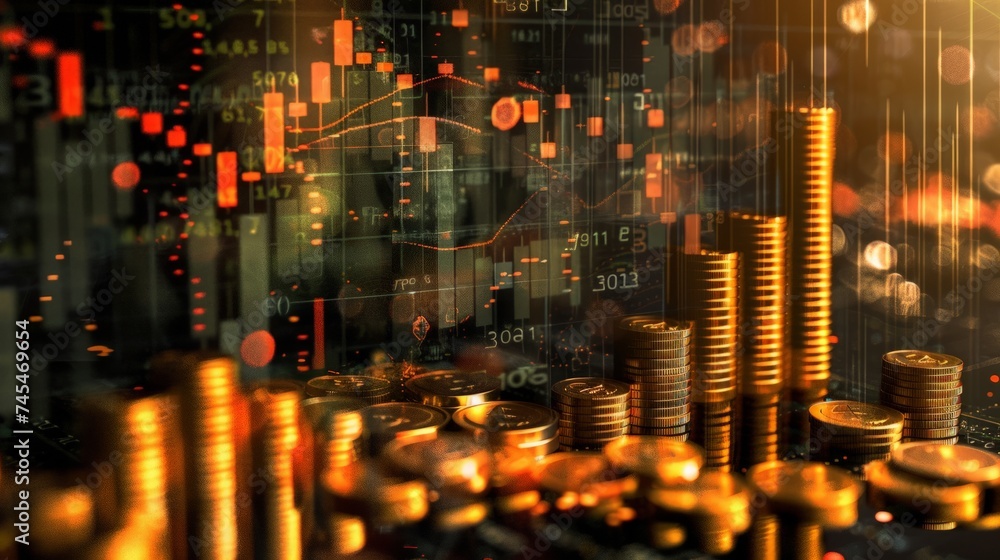 Poster stock markert or trading graph and coin and spreadsheet excel research financial accounting summary 