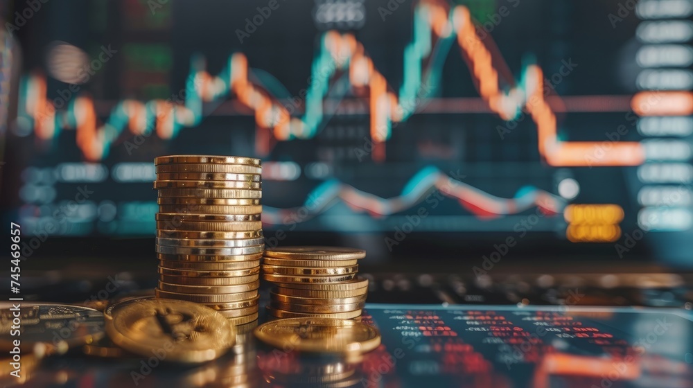 Poster stock markert or trading graph and coin and spreadsheet excel research financial accounting summary 