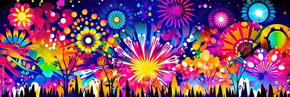 Poster A vibrant multicolored abstract shapes fireworks, creating a festive and dynamic scene