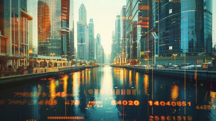 Skyscrapers of Dubai business downtown. International hub of trading and financial services of Western Asia. FOREX graph and chart concept.