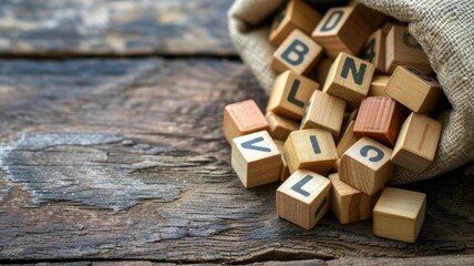 Wooden alphabet blocks spilling from a bag on a rustic surface