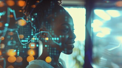 Smiling young African American woman looking at glowing digital graphs in office. Concept of hi tech and stock market analysis. - obrazy, fototapety, plakaty
