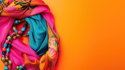 Vibrant scarves and jewelry on a bright orange background