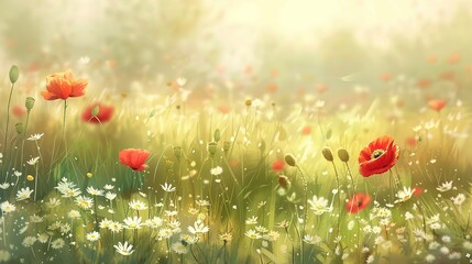 Obraz premium Summer natural meadow full of wildflowers and grasses in the summer sun on a beautiful sunny day., generative ai, generative, ai